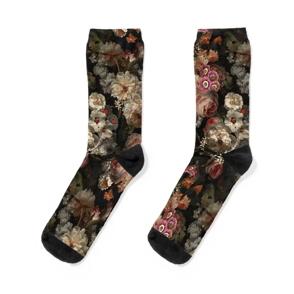 Flemish Masters - Vintage Midnight Botanical Garden Pattern Socks with print retro Men's Socks Men's Women's