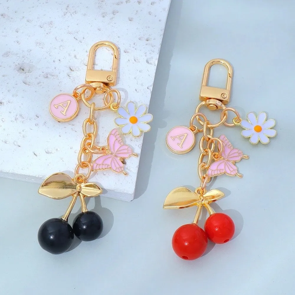 Mini Cherry Keychain Flower Enamel Coating Fruit Keyring Butterfly Decor DIY Jewelry Car Key Ring Handbag Decor Accessories