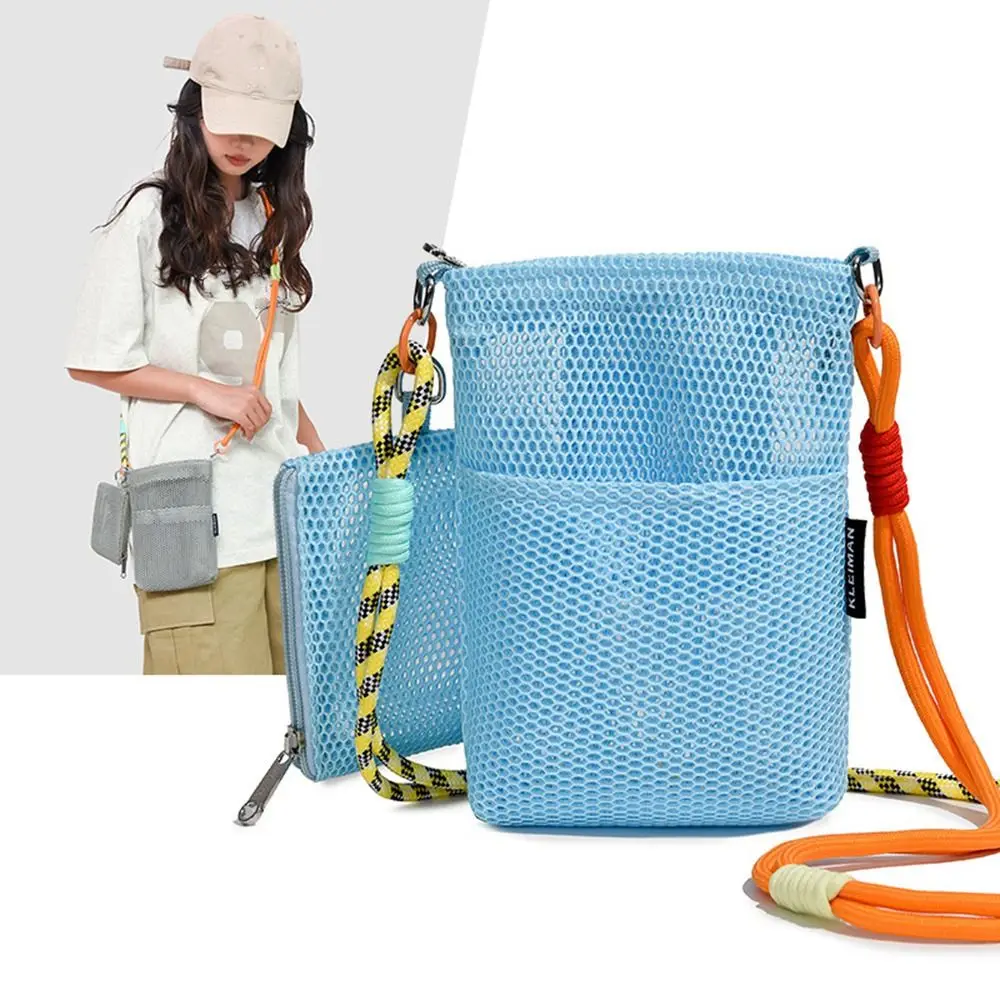 

Cute Korean Style Nylon Mesh Bag Double-layer Solid Color Mobile Phone Bag Wallet Bags Purse Nylon Crossbody Bag Outdoor
