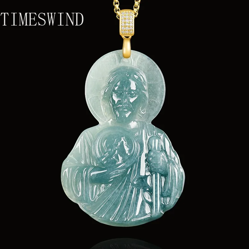 

TIMESWIND Light Blue Natural A-type Original Jade St. Jude Datt Three-D Men Titanium Steel Necklacewith Certificate