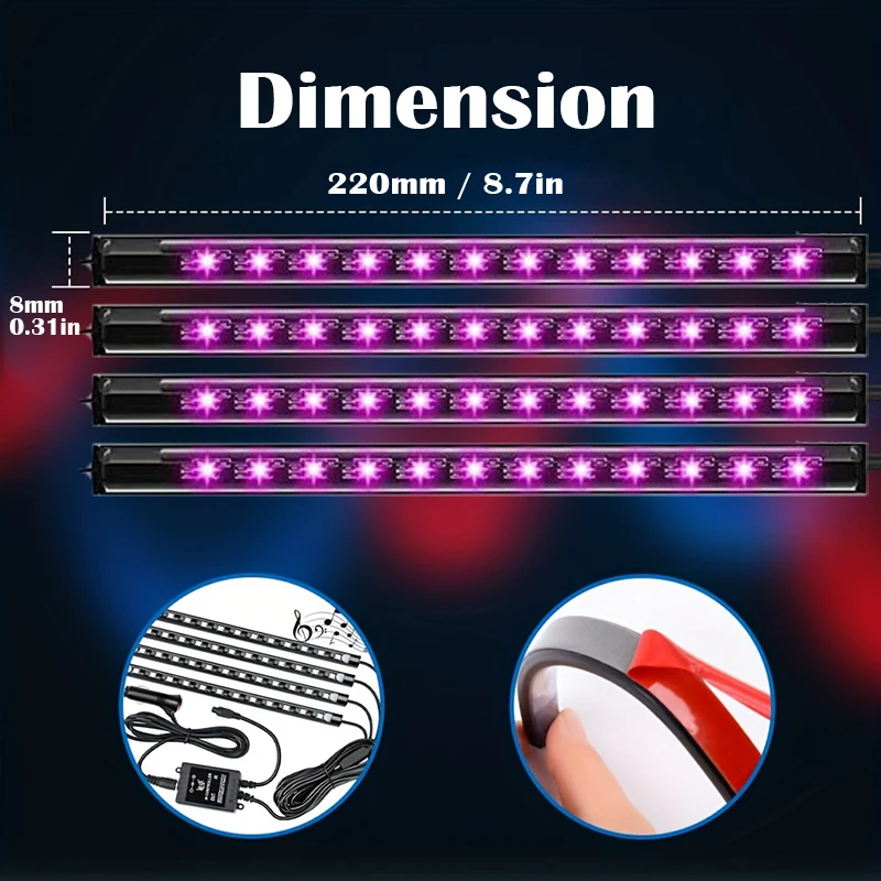 LED Car Music Light Strip 48LEDs USB Smart Bluetooth APP Control Waterproof Multi-color RGB Car Interior Atmosphere Light Strip
