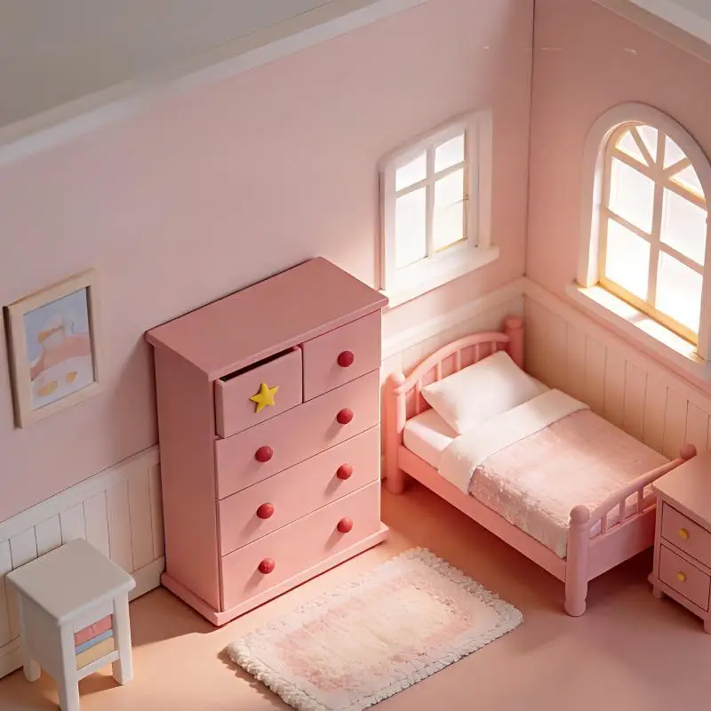 【BS】Miniature Cabinet 1/12 Dollhouse Pink Drawer Cabinet Storage Cabinet Model Dollhouse Furniture Decor Micro Scene Ornaments