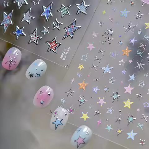 Graffiti pentagram star starburst Grid wave point silver colourful bowknot line Self Adhesive Nail Art Stickers Manicure Decals