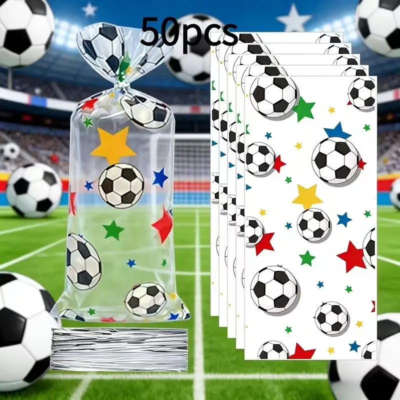 50 Stück Fußball-Keks- und Süßigkeitenbeutel, Geschenkverpackungstüten mit Bändern, Sportthema, Geburtstagsdekoration, Gastgeschenke