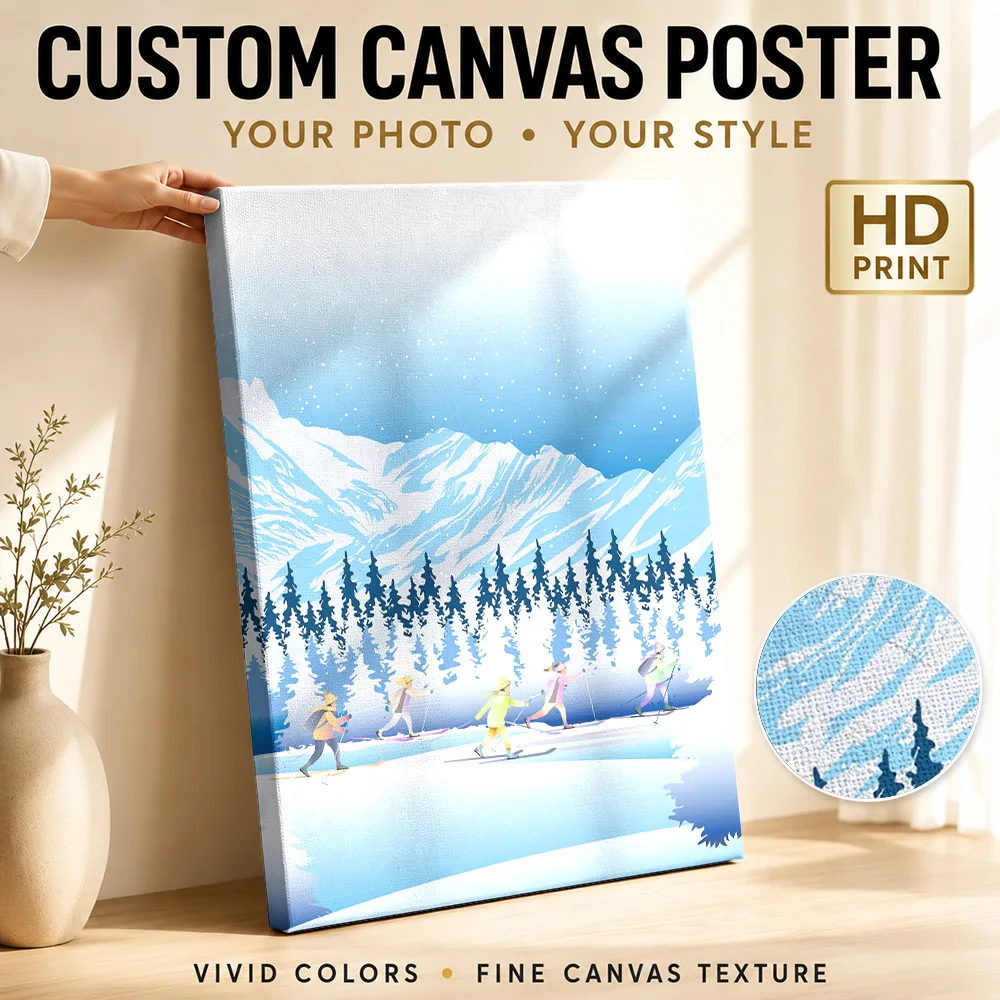 Cross-Country Skiing In A Winter Landscape Framed Canvas Poster Customized Photo Sports Portrait Canvas Wall Art for Gym Decor