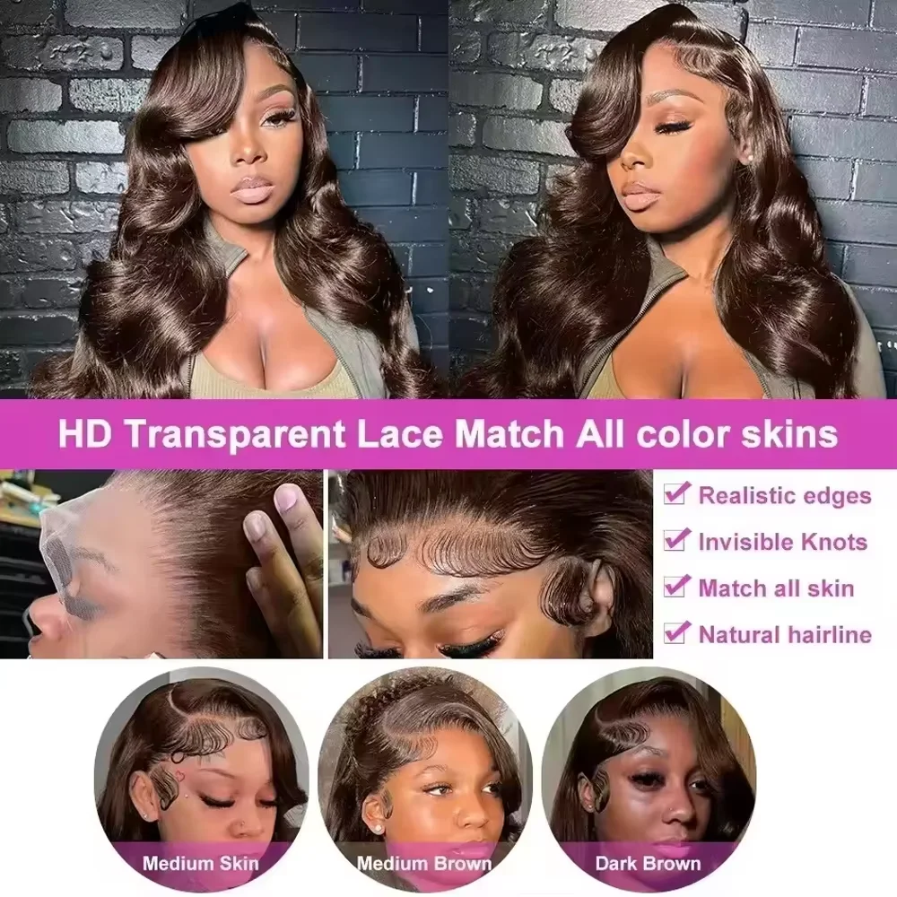 Chocolate Brown #4 Colored Human Hair 13x4 HD Lace Front Wig 13x6 Lace 38 40 Inches Remy Human Hair Pre Plucked Wig For Women Glueless Beginner Friendly - view 3