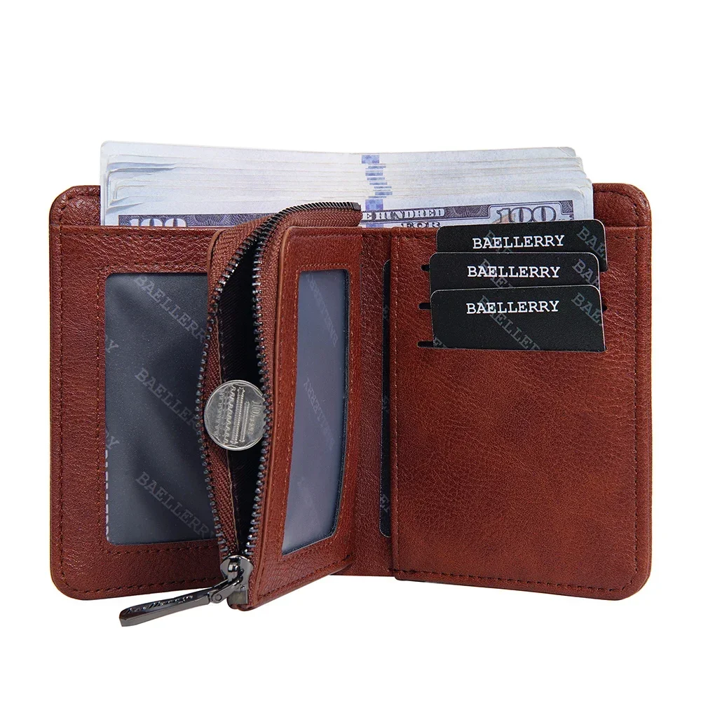 Baellerry-Carteira RFID em couro PU vintage para homens, titular do cartão, pequeno triplo, bolso com moedas Zip, curto