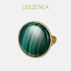 GEEZENCA Round Malachite 925 Silver Gold Plated Exaggerated Big Rings Women Zircon Luxury Vintage Simple Gemstone Ring 2023 New