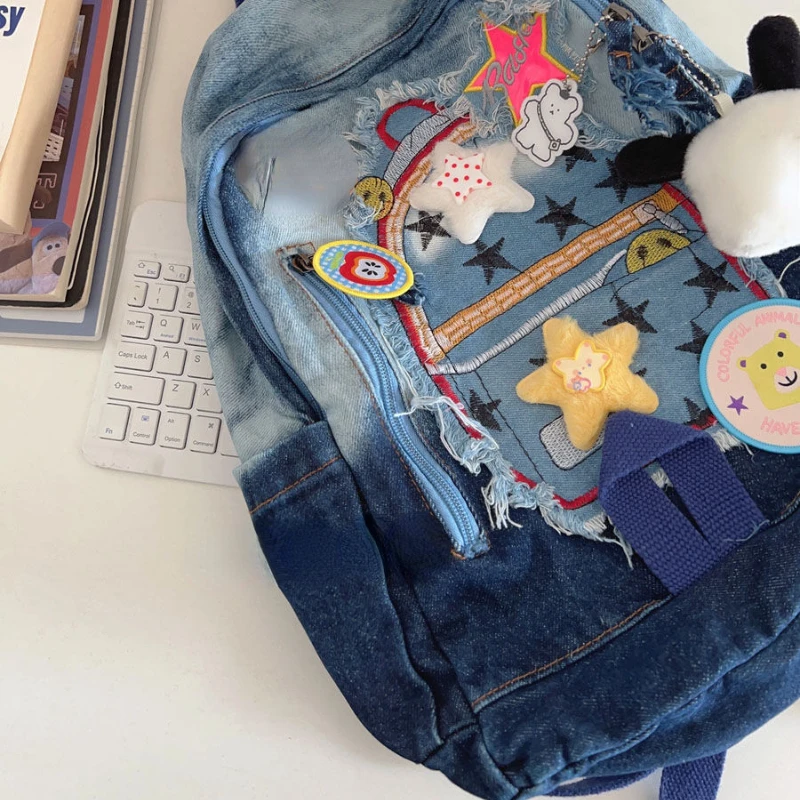 High-capacity Women Denim Gradient Backpack Personality Harajuku Star Schoolbags Y2k Aesthetic Fashion Casual Students Backpacks