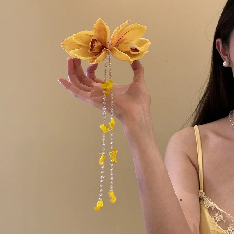 Yellow Fabric Flower Hairpins for Women Glass Beads Petal Tassel Spring Clips Sweet Romantic Hairgrips Holiday Hair Accessories