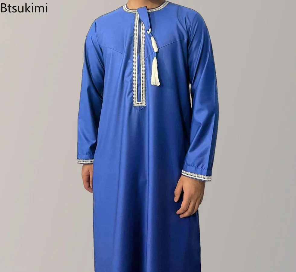 แฟชั่นมุสลิม Abaya สําหรับชายแขนยาวชุด Robe O-คอเย็บปักถักร้อยผู้ชาย Jubba Thobe ปากีสถานอาหรับอิสลามเสื้อผ้าสวดมนต์ Kaftan