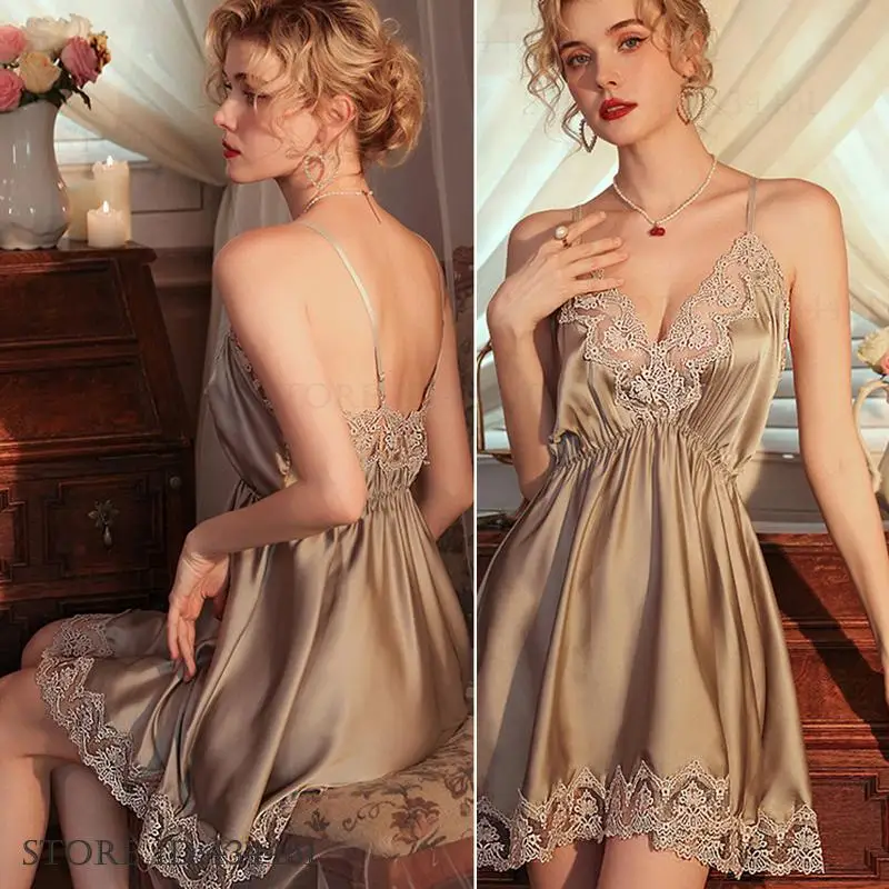

Sexy Mujer Intimate Lingerie Suspender Nightgown Chemise Sleepwear Summer New Sleepwear Lace Trim Nightdress Silk Satin Homewear