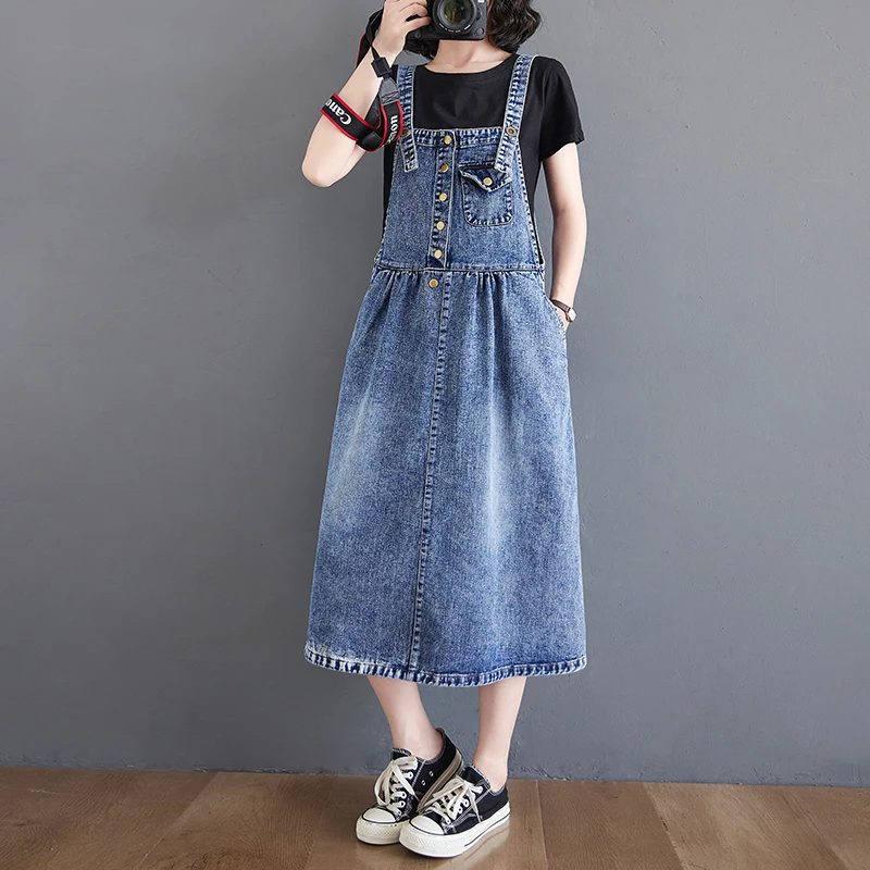 Artistic plus Size Women's Denim Overalls Spring Summer  Loose Vintage Korean Style Meat Concealing Outerwear Strap Midi ...