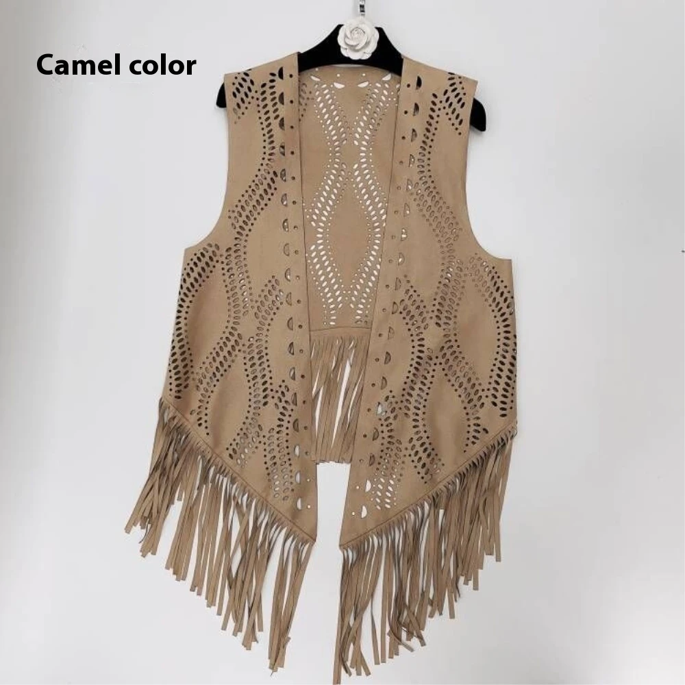 Western Cowboy Style Women's Suede Extra-Long Fringed Vest All-Match Folk-Custom Desert Beach Vacation Vest Shawl Size A2256