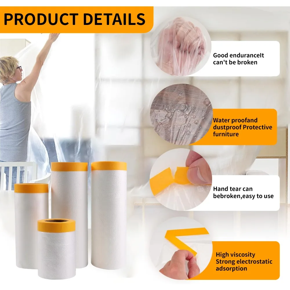 Pre Taped Masking Film Painters Plastic Sheeting Film Tape Car Paint Masking Film Automotive Painting Covering Furniture Tapes