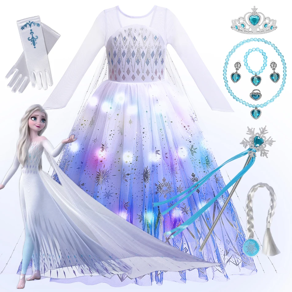 Disney Frozen Elsa Girls Light Up Dress Kids Halloween Carnival  Cosplay Princess Gown Costume Birthday Party Children Dresses