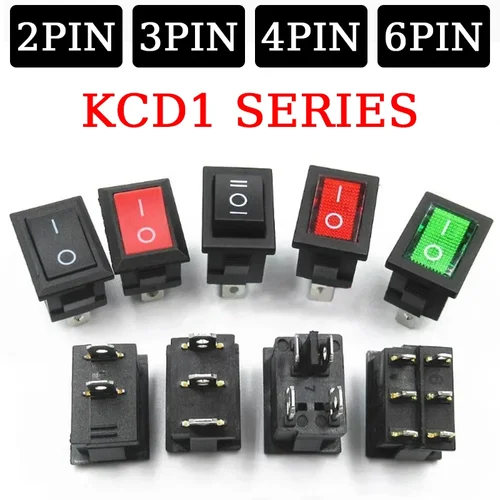 10 Uds KCD1 serie 2/3/4 Pin barco coche interruptores de posición basculante 15mm x 21mm negro rojo verde 6A/250V 10A/125V AC al por mayor