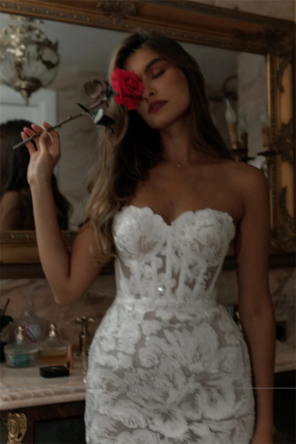 Customized Glitter Lace Wedding Dress Short Strapless Mini Bridal Dress Exquisite A-Line Gown for Bride Elegant Party Attire