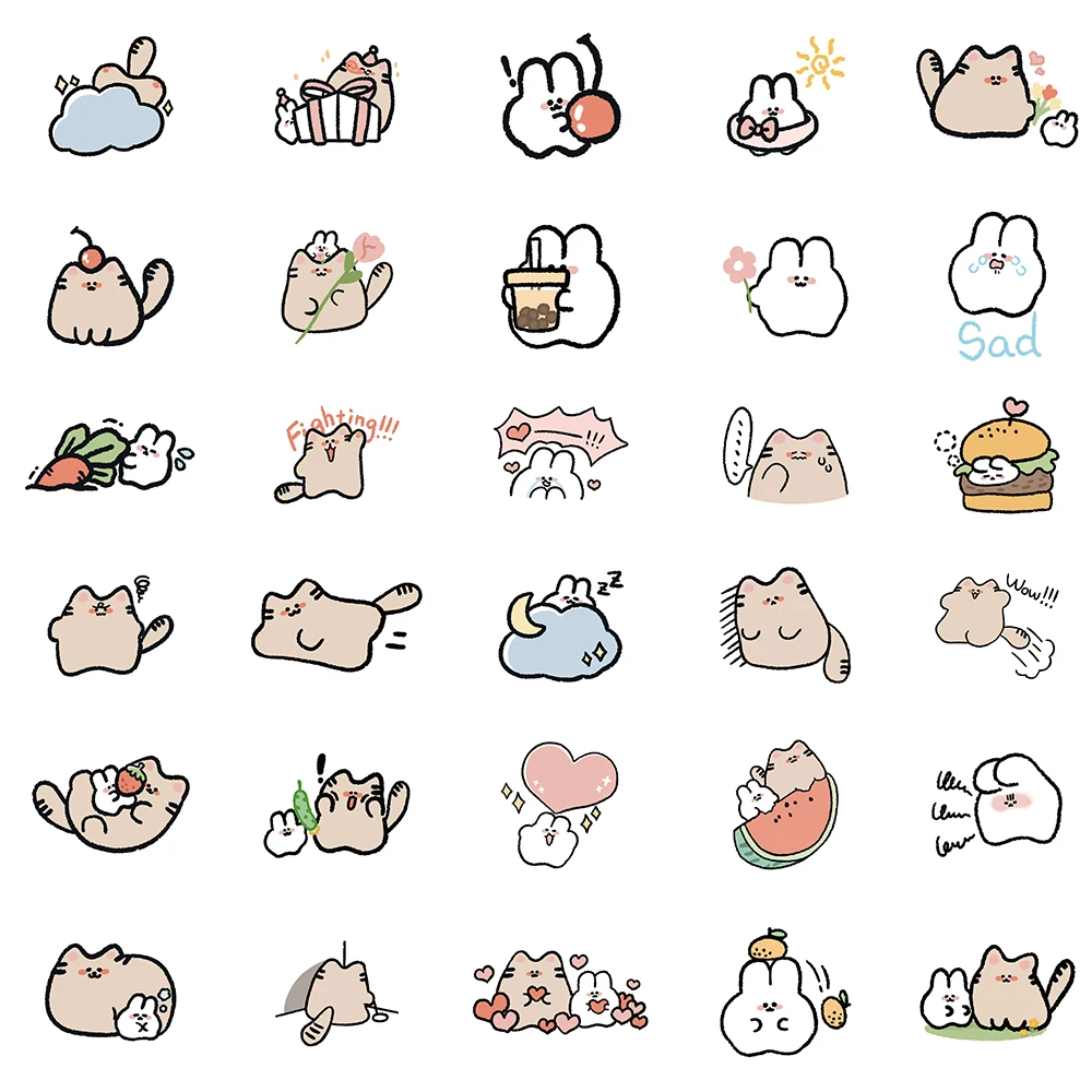 60PCS Cute Cat&Rabbit Kawaii Stickers Vintage For DIY Kids Notebook Luggage Motorcycle Laptop Refrigerator Decals Graffiti