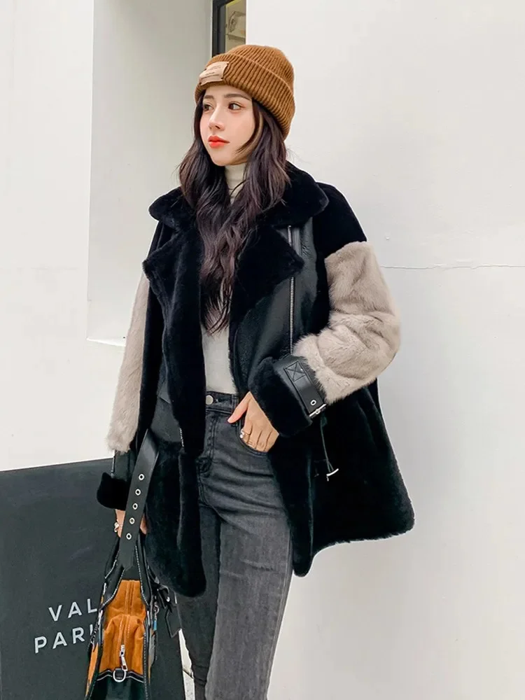 Fashion Women Winter Mink Fur Patchwork Wool Overcoat Loose Fit Warm Real Coat High Street Motorcycle Style Lambswool Jacket