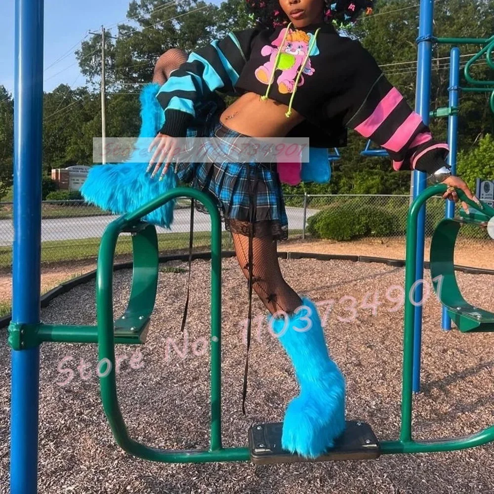 

Синие меховые ботинки на танкетке, женские ботинки до колена на толстой подошве с меховой боковой молнией, женские утепленные ботинки большого размера в стиле панк с круглым носком