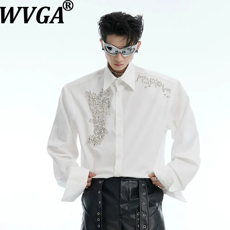 

WVGA Spring Autumn New Men Tide Padded Shoulder Diamond Trendy Long Sleeve Shirt Niche Chic Casual Heavy Elegant Tops Ins W17671