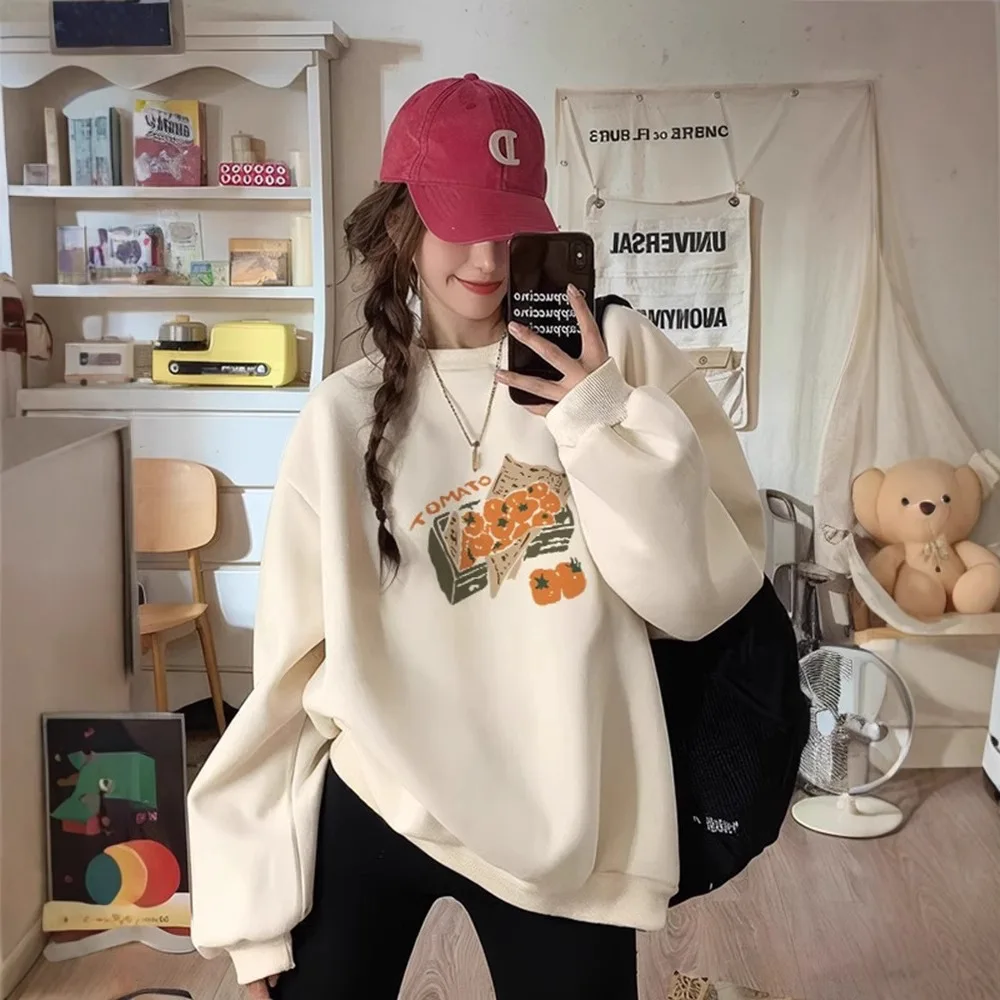 Sweater Women Sweatshirt 2025 Autumn Winter New Women's Loose Round Neck Sweatshirt Fleece Lined Thickened American Pullover Top