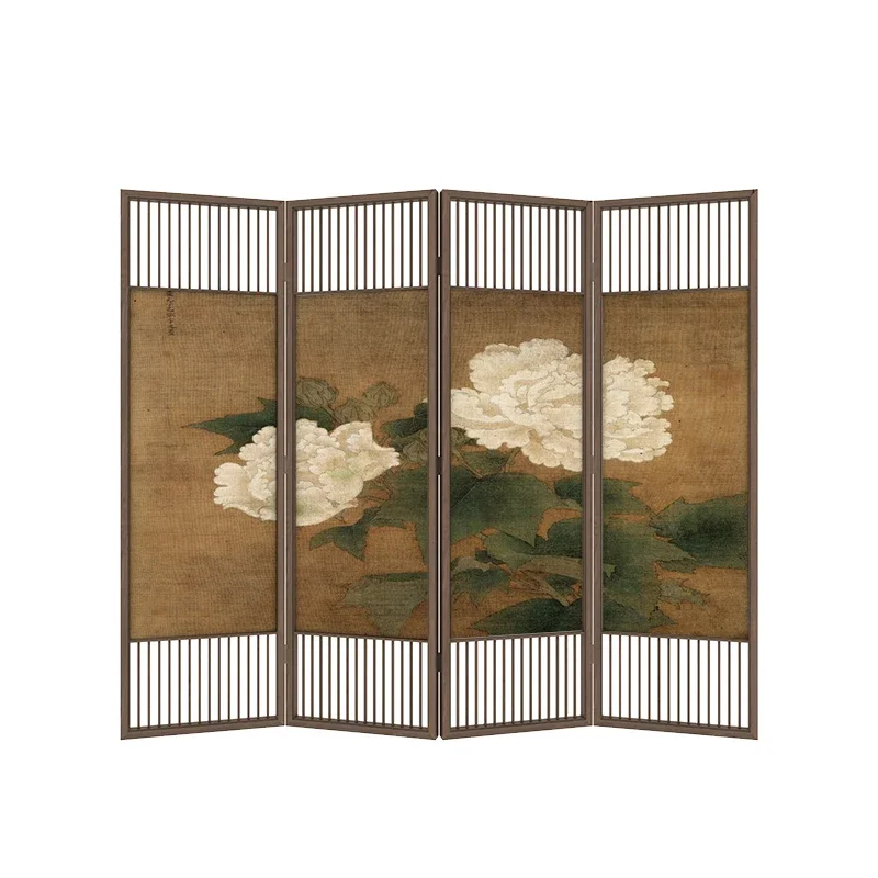 Retro flower partition folding mobile new Chinese style living room office blocking hotel tea room solid wood folding 5