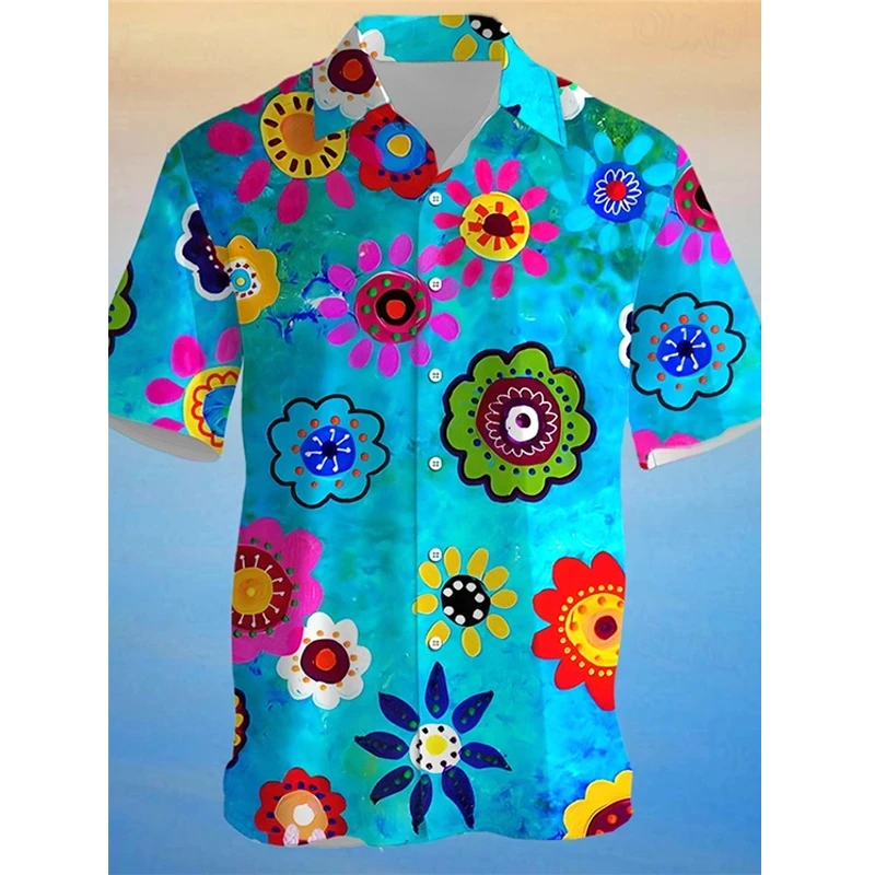 2024 Fashion Men's Anime Flower Print Shirts Casual Daily 3D Printed Short Sleeve Shirt Harajuku Street Oversized Loose Clothing