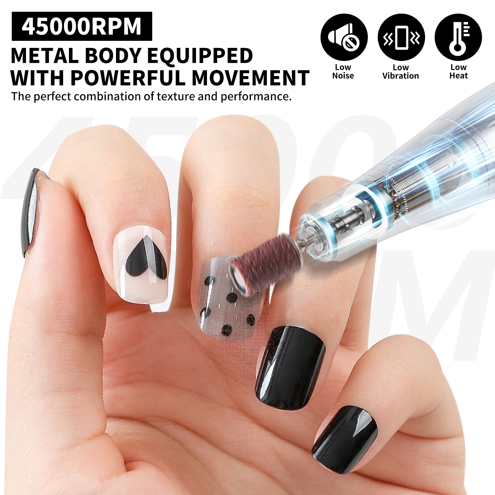 Elektryczna pilarka do paznokci 45000RPM Profesjonalna akumulatorowa frezarka do manicure cicha do usuwania lakieru hybrydowego i szlifowania