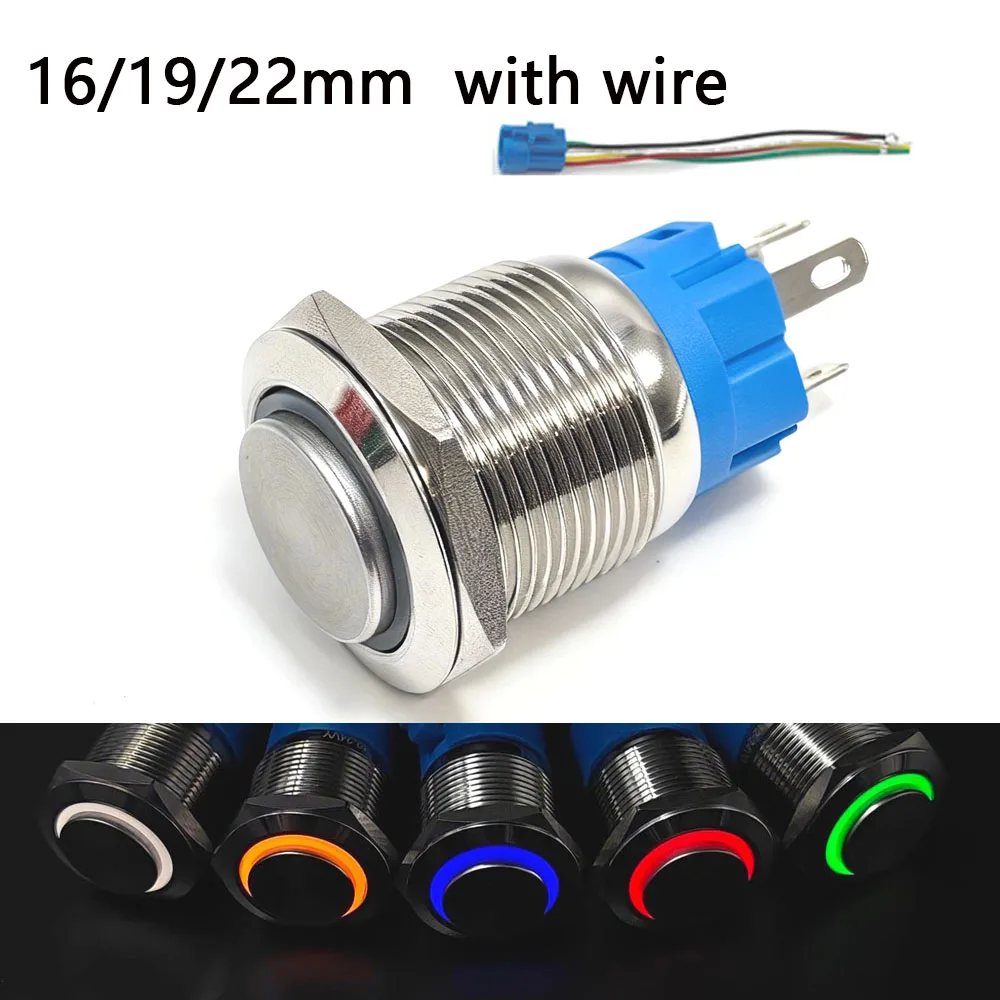 

1pcs Metal Push Button Switch LED Light 16 19 22 mm Momentary Latching With Socket Waterproof Car Start On Off 5V 12V 220V Blue