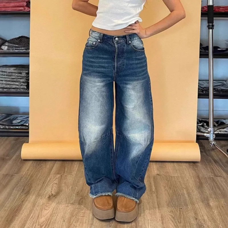 

Потертые винтажные джинсы Bootcut, женские повседневные прямые джинсовые брюки