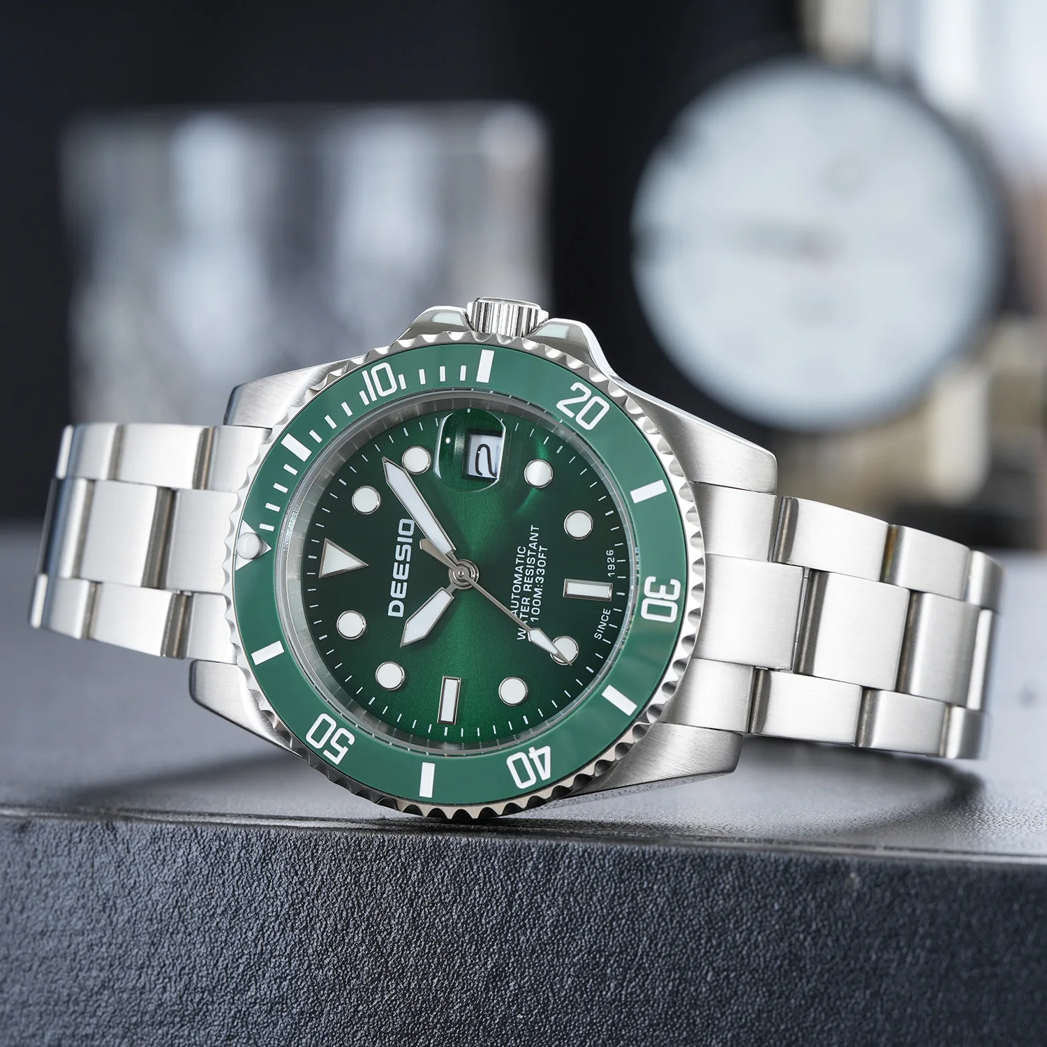Deesio Men's Full Automatic Mechanical Watch,316L Stainless Steel Strap & Case,Upgrade 100M Waterproof,Date Calendar, Luminous High-Mineral Glass, Butterfly Clasp, Self-Winding & Manual Winding, Classic Green Dial, Business Dress Wristwatch for Men Gift