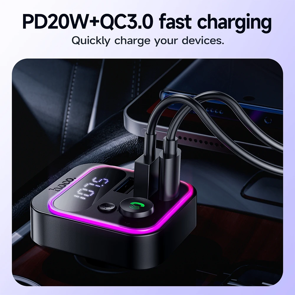 Ładowarka samochodowa HOCO PD20W QC3.0 z Bluetooth 5.4, transmiter FM, oświetleniem RGB, odtwarzaniem z dysku USB i zestawem głośnomówiącym do muzyki i audio. — zdjęcie produktu 3