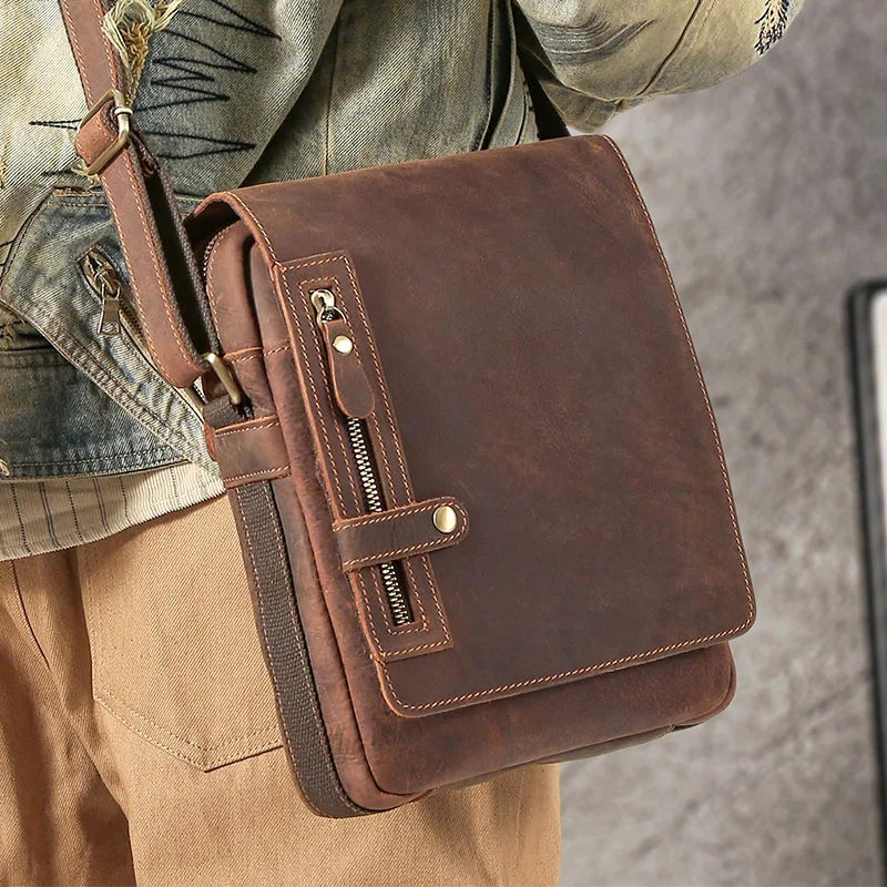 Retro Crazy Horse Leather Shoulder Bags for Men Multi‑Pocket Small Crossbody Messenger Satchel Purse Casual Genuine Sling Bag