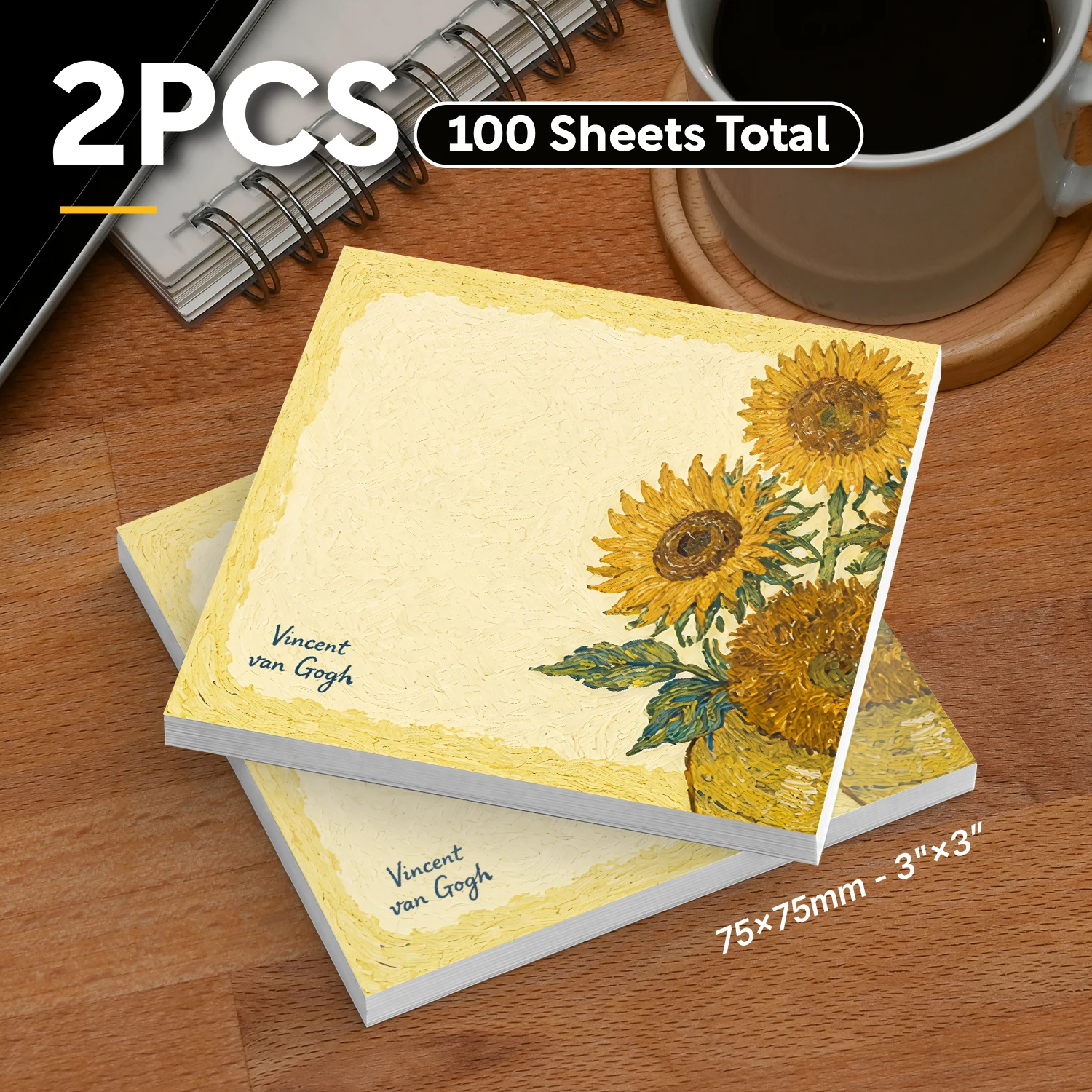 2 Pcs 100 Sheets Total Van Gogh Inspired Sunflower Sticky Notes, Vintage Oil Painting Style Memo Pads, Floral Self-Adhesive