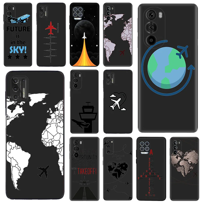 Black Matte Phone Case for Motorola Moto G50 G73 G53 G72 G52 G30 G31 G60 G71 G22 G9 G60S Airplane World Map rocket Soft Cover