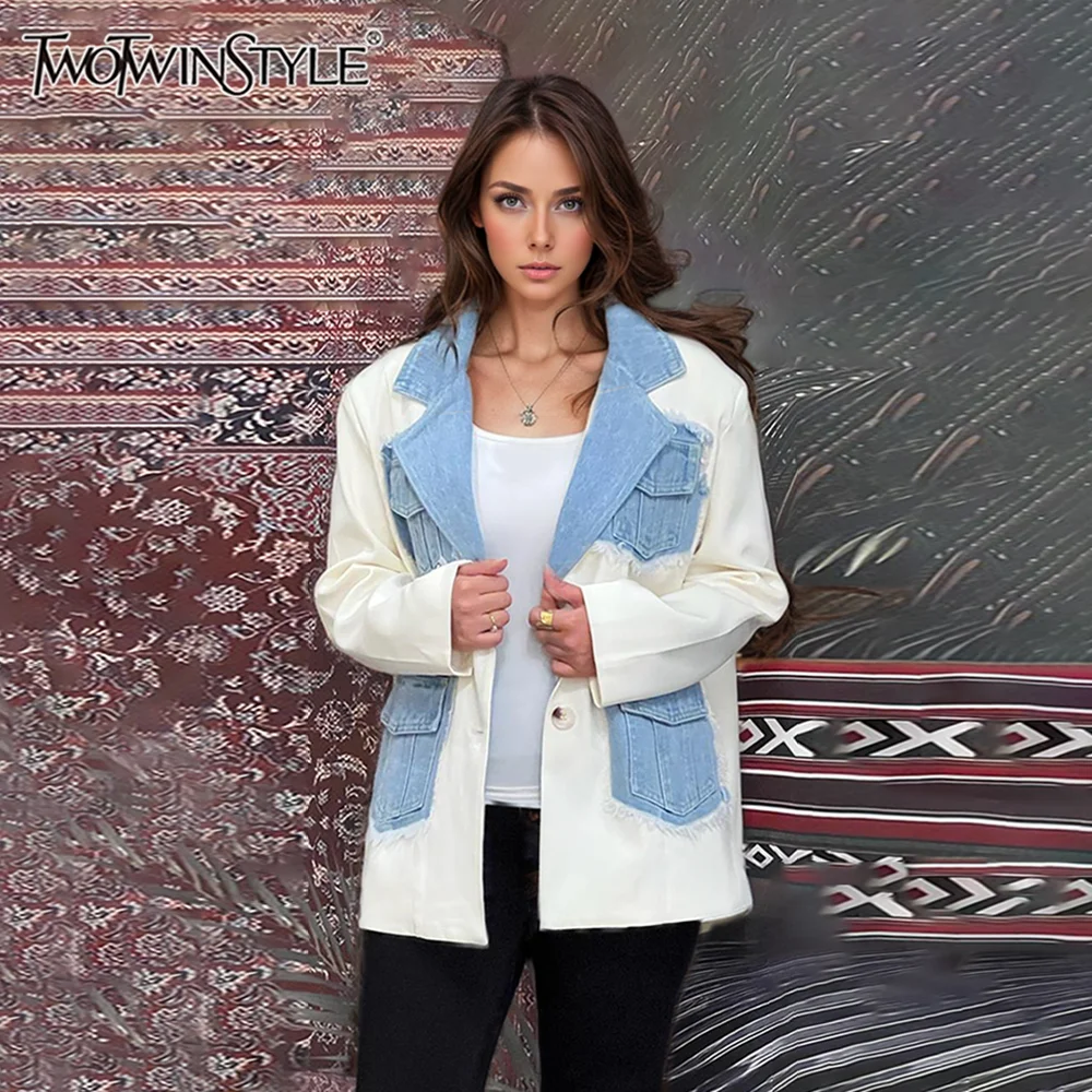 TWOTWINSTYLE Streetwear Patchwork Denim Jacket For Women Notched Collar Long Sleeve Casual Spliced Button Blazer Female Style