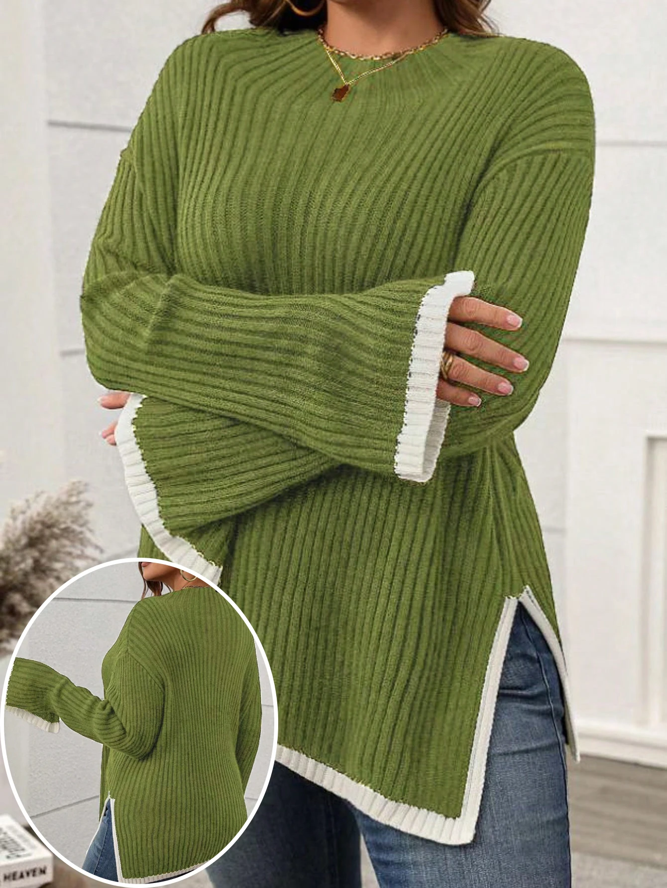 

Plus Size Women V Neck Sweater Long Sleeve Asymmetric Hem Contrast Trim Baggy Fit Rib Knit Pullover Autumn Winter Casual