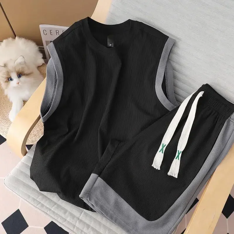 

2 Pcs Suit Summer Sleeveless Vest Sports Shorts Set Patchwork Casual Basketball Sportwears Breathable Loose Training Shorts Set