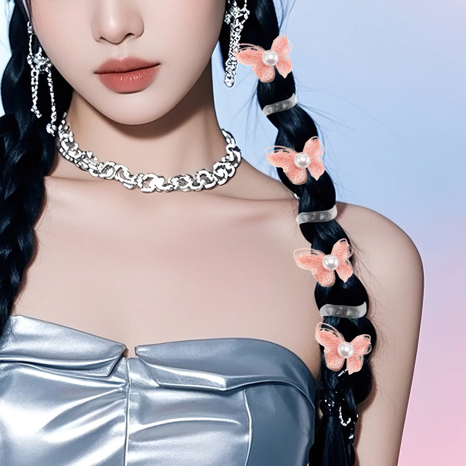 

4Pcs Butterfly Telephone Cord Hair Ties Lace Pearl Spiral Elastic Ponytail Holders Stretchy Coil Hair Bands for Women Girls