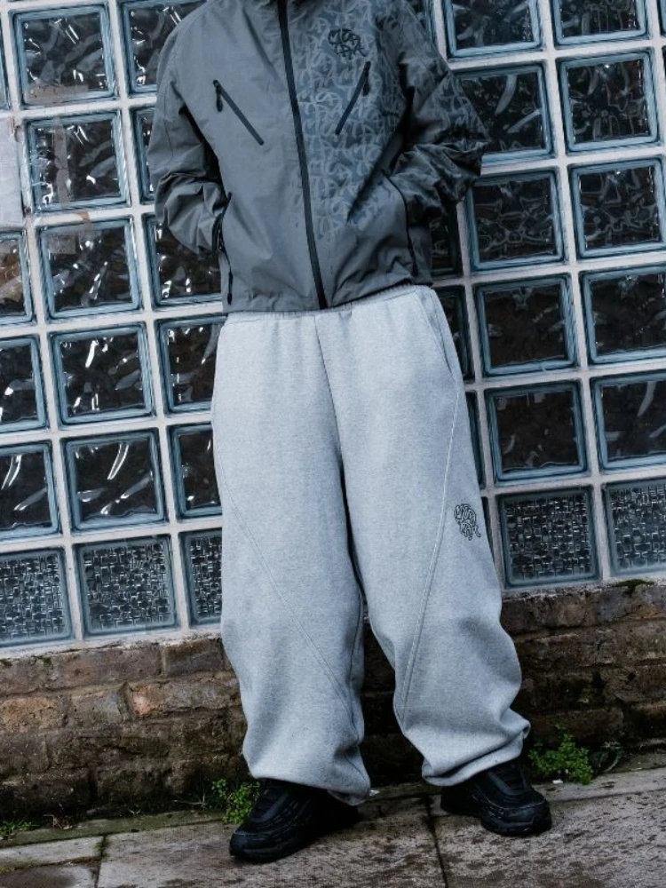 HOUZHOU Vintage Gray Sweatpants Baggy Y2k Harajuku Hip Hop Embroidery Joggers Wide Leg Sports Pants Casual Trousers Streetwear
