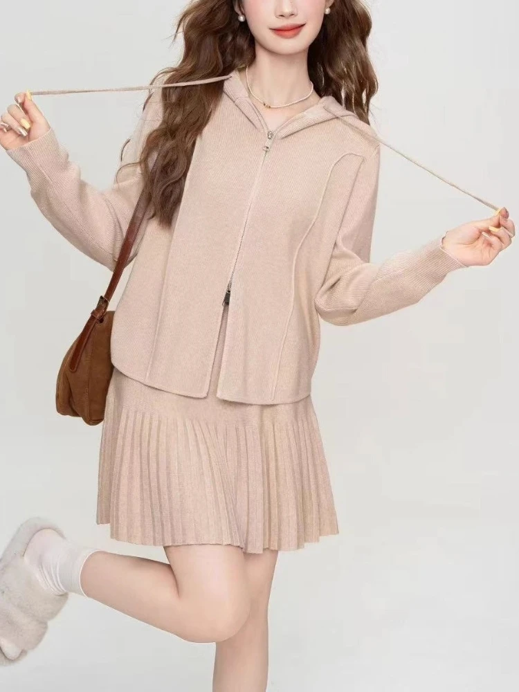 Set Rok Kardigan Berkerudung Ritsleting Kint Musim Gugur Musim Dingin Mantel Fashion Korea Elegan Set Dua Potong Pakaian Wanita Atasan Lengan Panjang