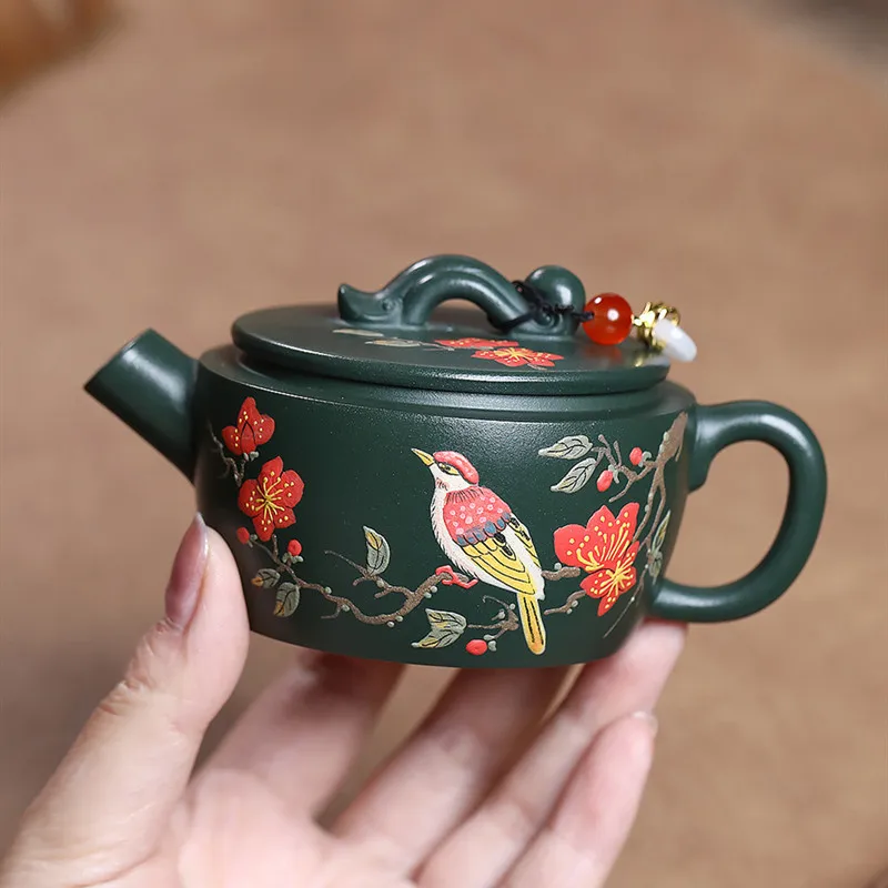 

Chinese Yixing Purple Clay Teapot Raw Ore Dark Green Mud Kettle Handmade Flower Bird Tea Pot Household Zisha Tea Set 150ml