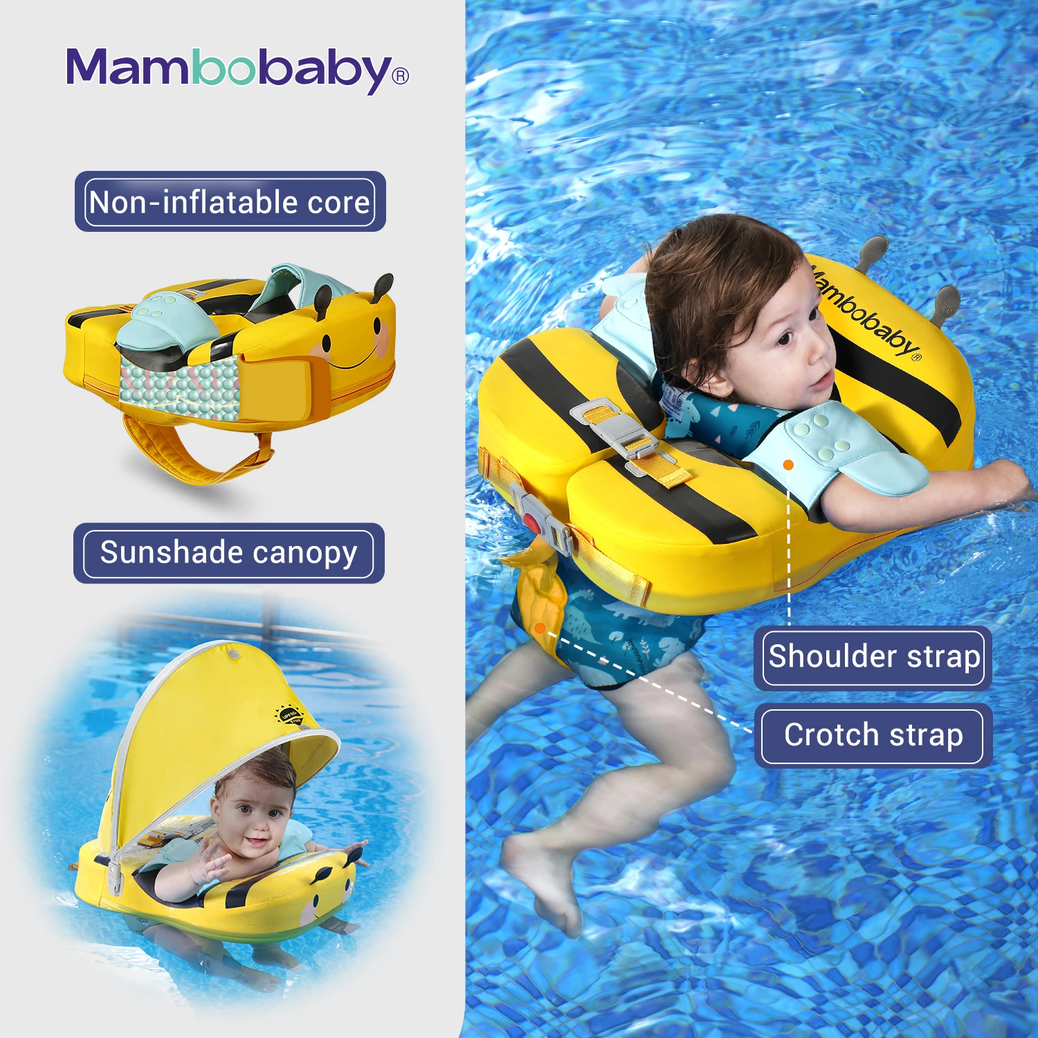 Galleggiante per bambini con cinturino sul cavallo e anello da nuoto per bambini Mambobaby con nucleo solido senza gonfiaggio hanno parasole 0-7 anni vecchio tubo per piscina