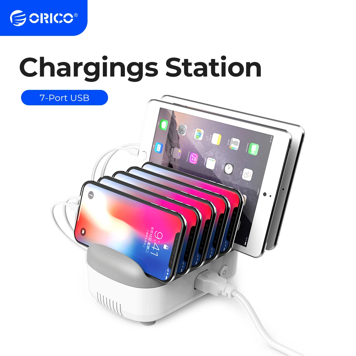 

ORICO 10 Ports USB Charging Station 120W 5V 2.4A Charging Dock 10 Free Cables for iPhone Samsung Xiaomi Phone Tablet