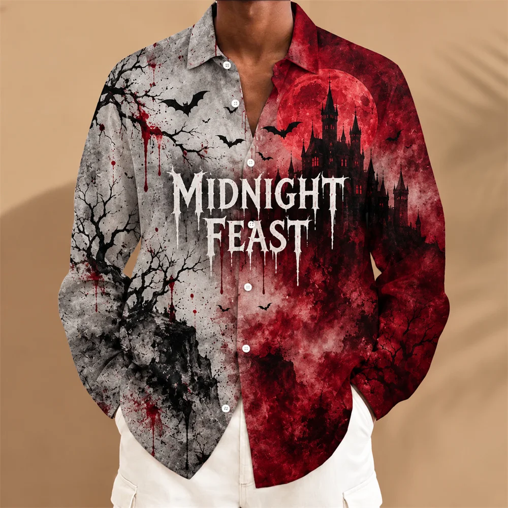 Halloween Trick or Treat Shirt for Men Pumpkin Horror 3D Print Long Sleeve Button Up ShirtS Scary Slogan Party Streetwear Top