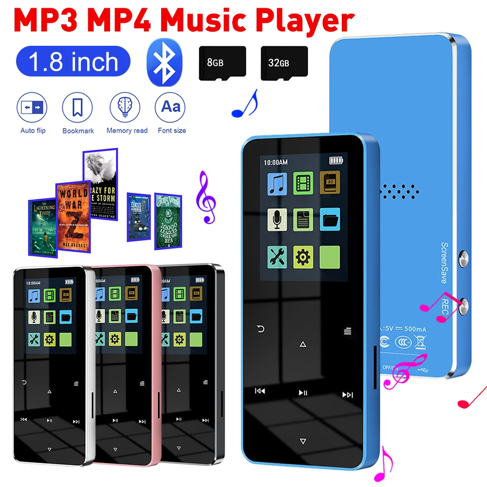 1.8 inch MP3 MP4 Music Player Push Button Bluetooth 5.0 E-book Sports FM Radio Student Walkman for Windows XP/VISTA/Windows 8