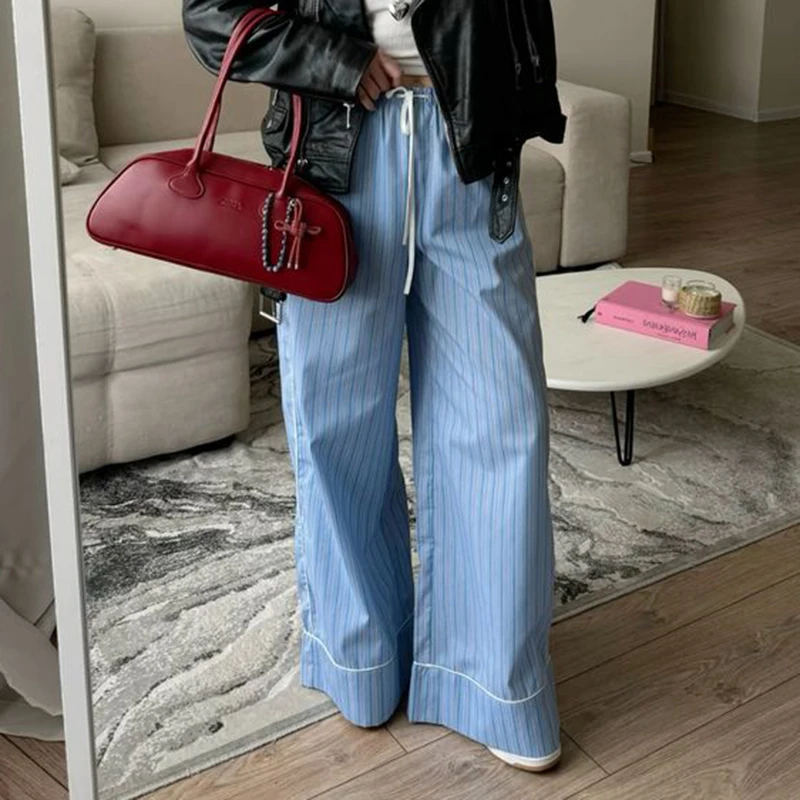 Maemukilabe Elegant Wide Leg Pants Striped Print Loose Fit Trousers Chic Women Casual High Waist Lounge Pants Vintage Streetwear