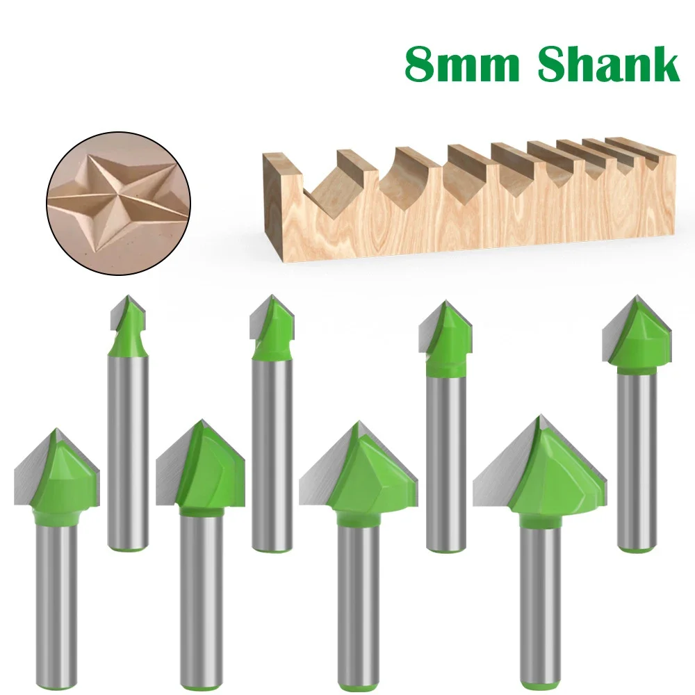 1PC 8MM Shank Milling Cutter Wood Carving 90 V Type Slotting Cutter Carving Grooving Tools router bit set Safety Milling Cutters